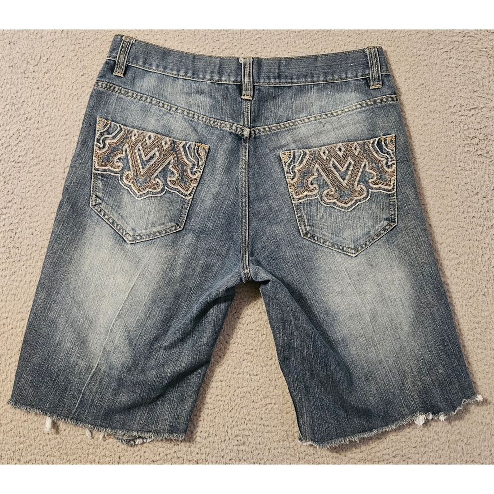 Avirex Mens Distressed Denim Shorts Blue Embroidered Back Pockets Size 34 Ripped